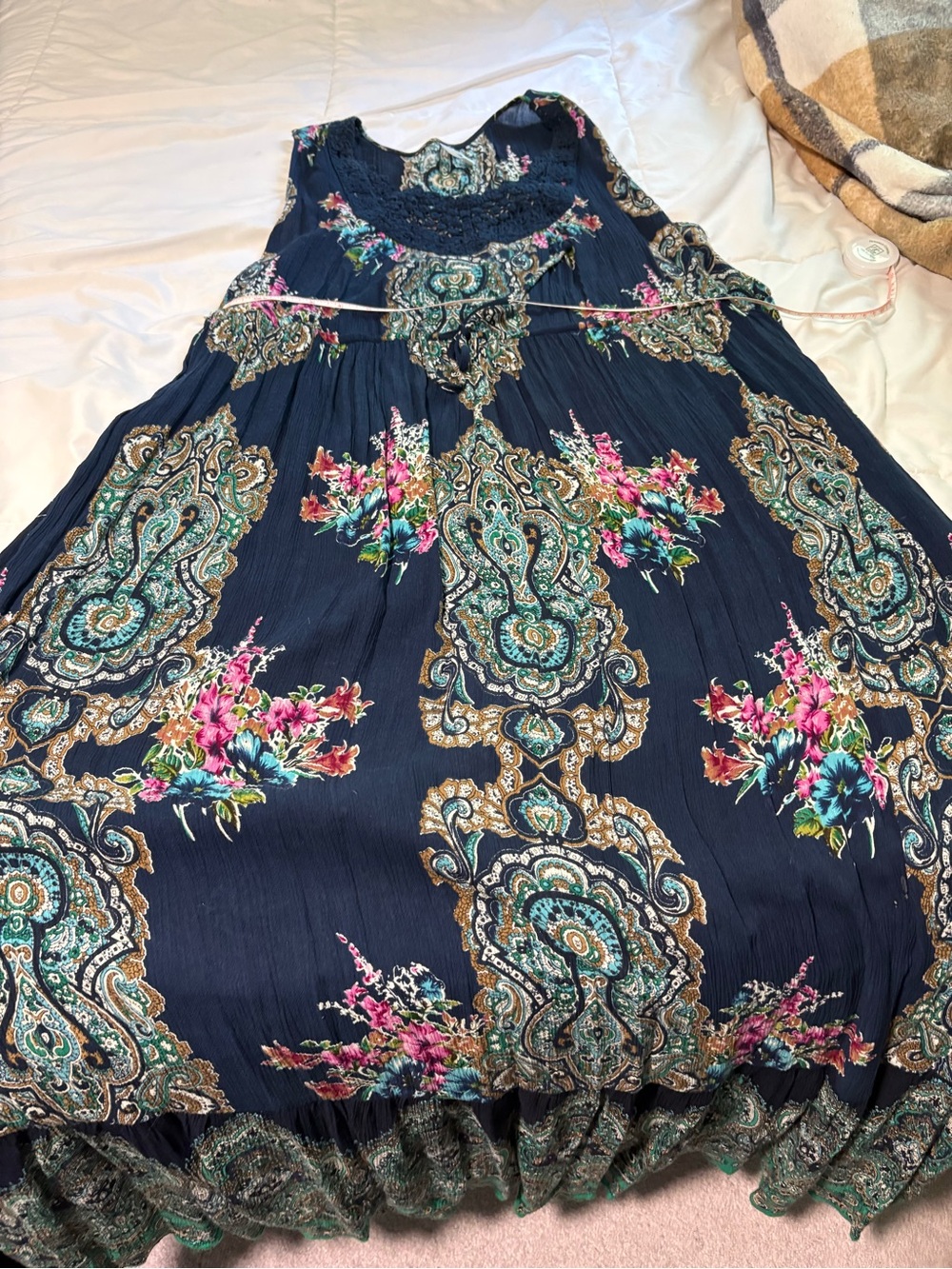 Women's Navy Boho Floral Maxi Dress with Lace Yoke Size 2x - Picture 5 of 8